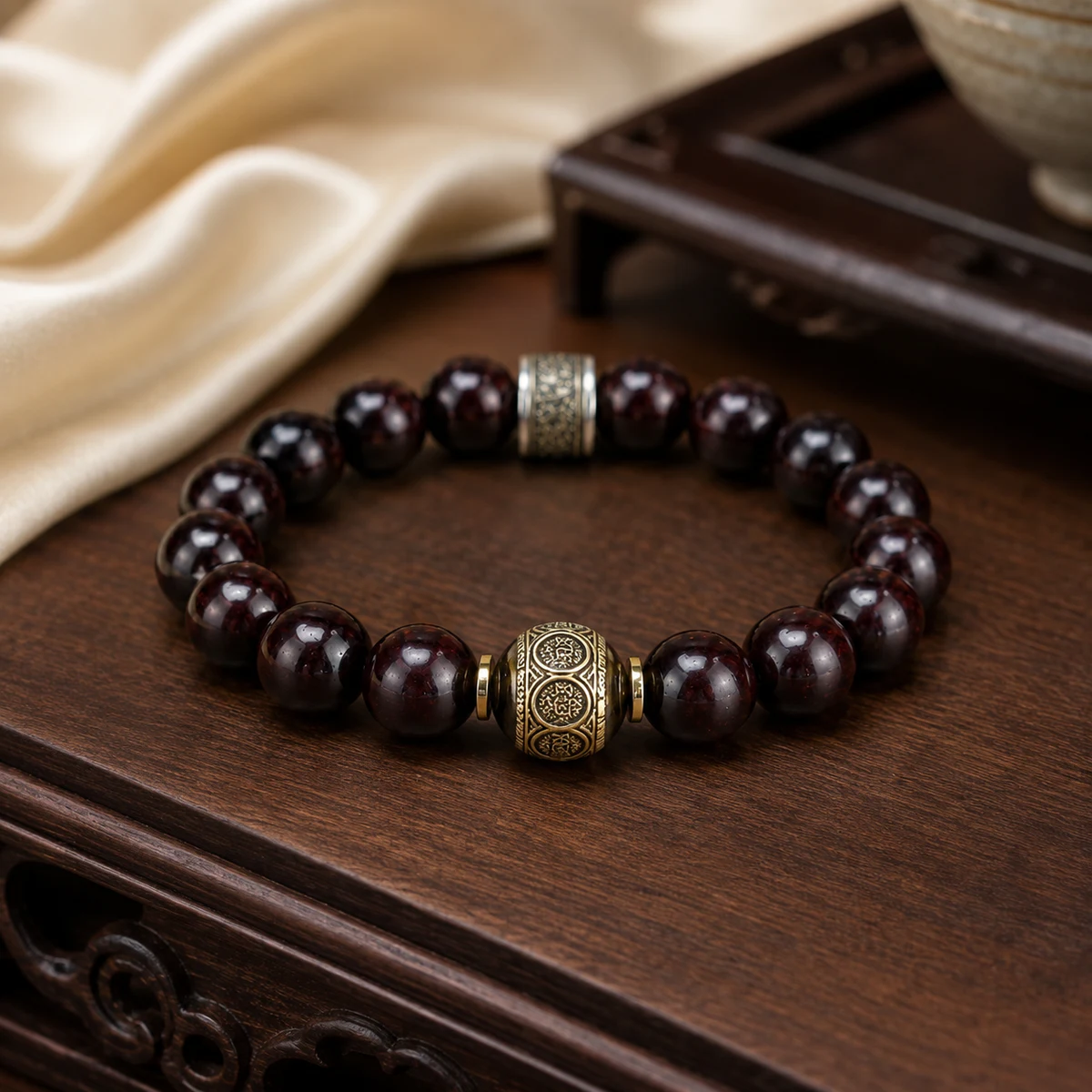 Dark wood bead bracelet in a New Chinese setting