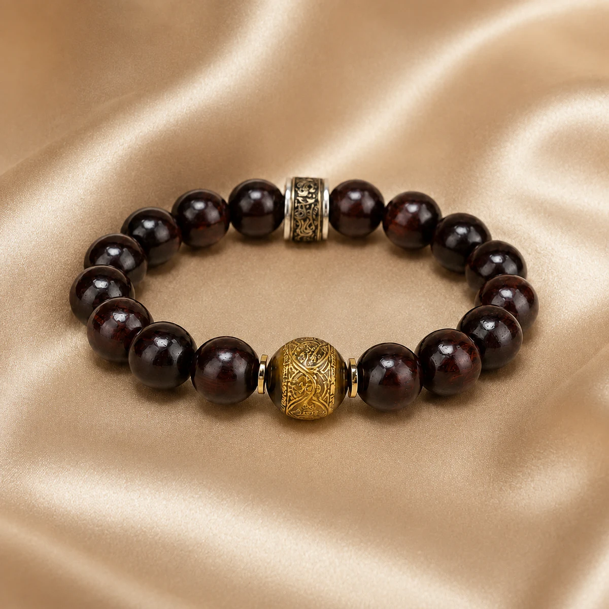 Dark wood bead bracelet on silk