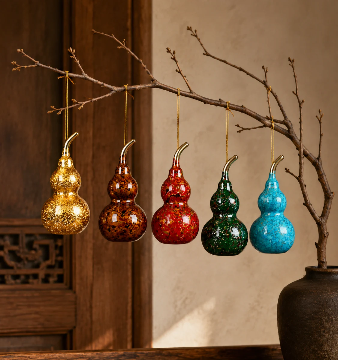Five-color hanging ornament set on a branch display