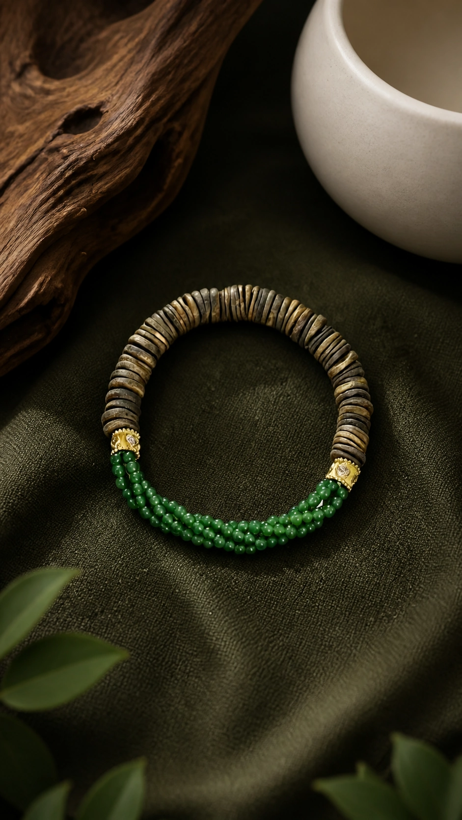 Agarwood and Green Jade Chip Multi-Wrap Bracelet - image 2