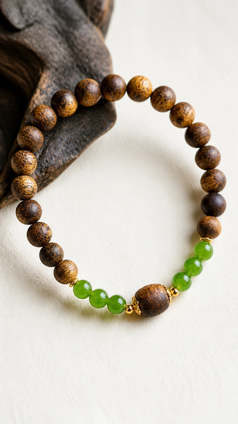Agarwood and Green Jade Round-Bead Bracelet - image 3
