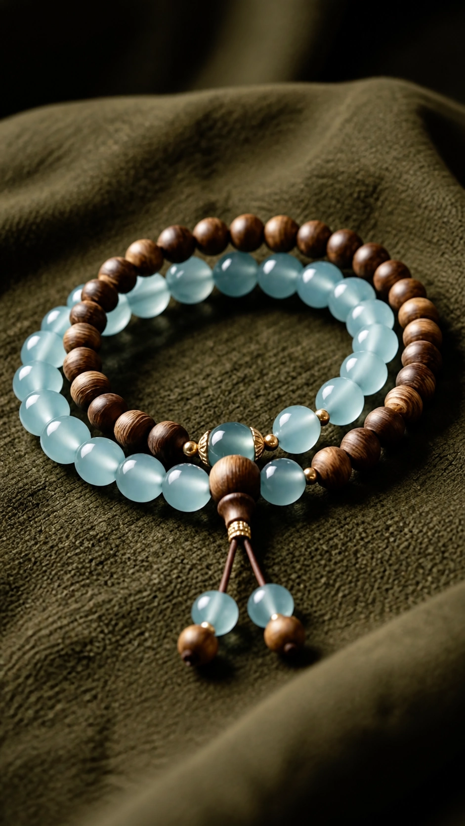 Agarwood and Ice-Blue Jade Double-Wrap Bracelet - image 4