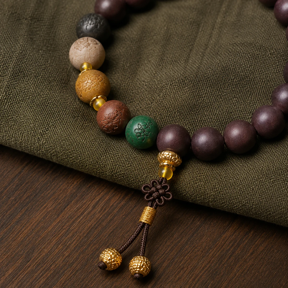Deep burgundy bead bracelet tassel detail