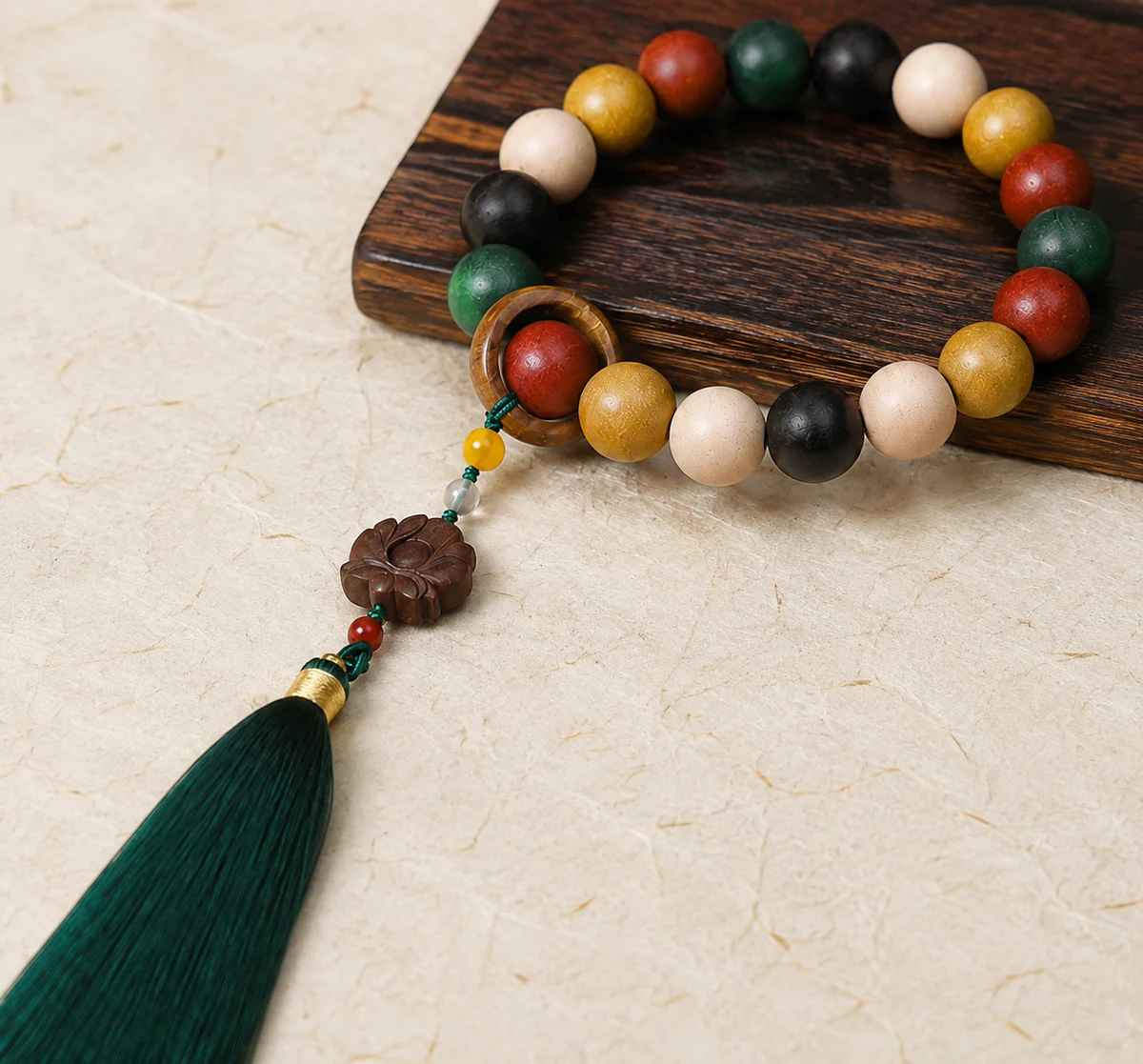 Five-color prayer bead bracelet material detail