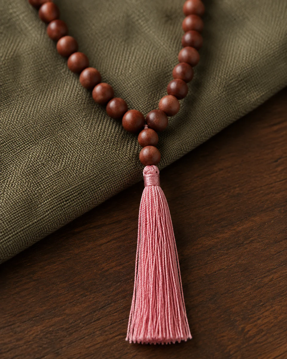 Rosewood bead necklace pink tassel detail