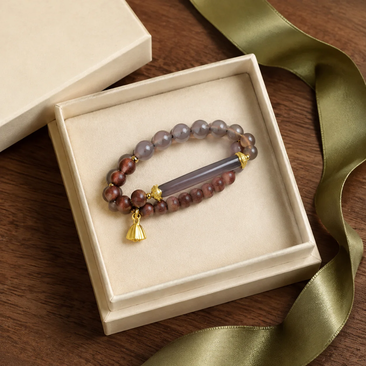 Pink gemstone bead bracelet gift presentation