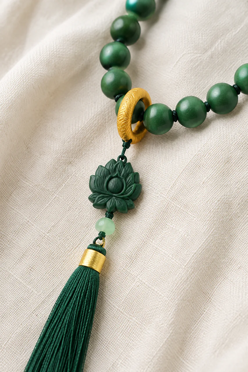Green incense prayer beads lotus pendant detail