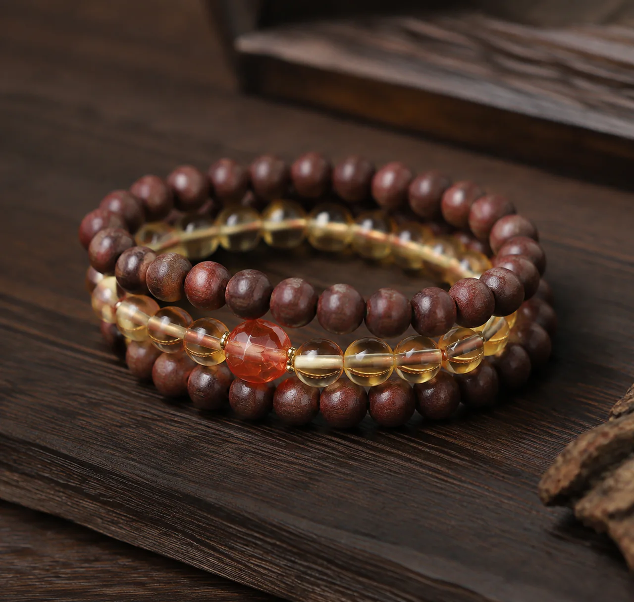 Amber-tone incense bead bracelet wood bead detail