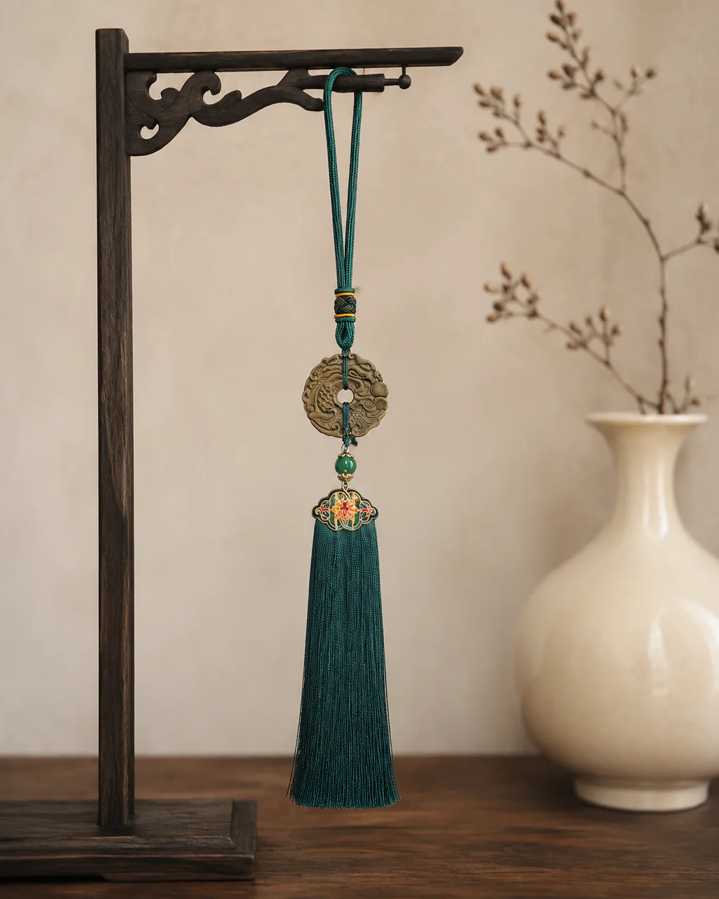 Green tassel hanging ornament in a new Chinese setting
