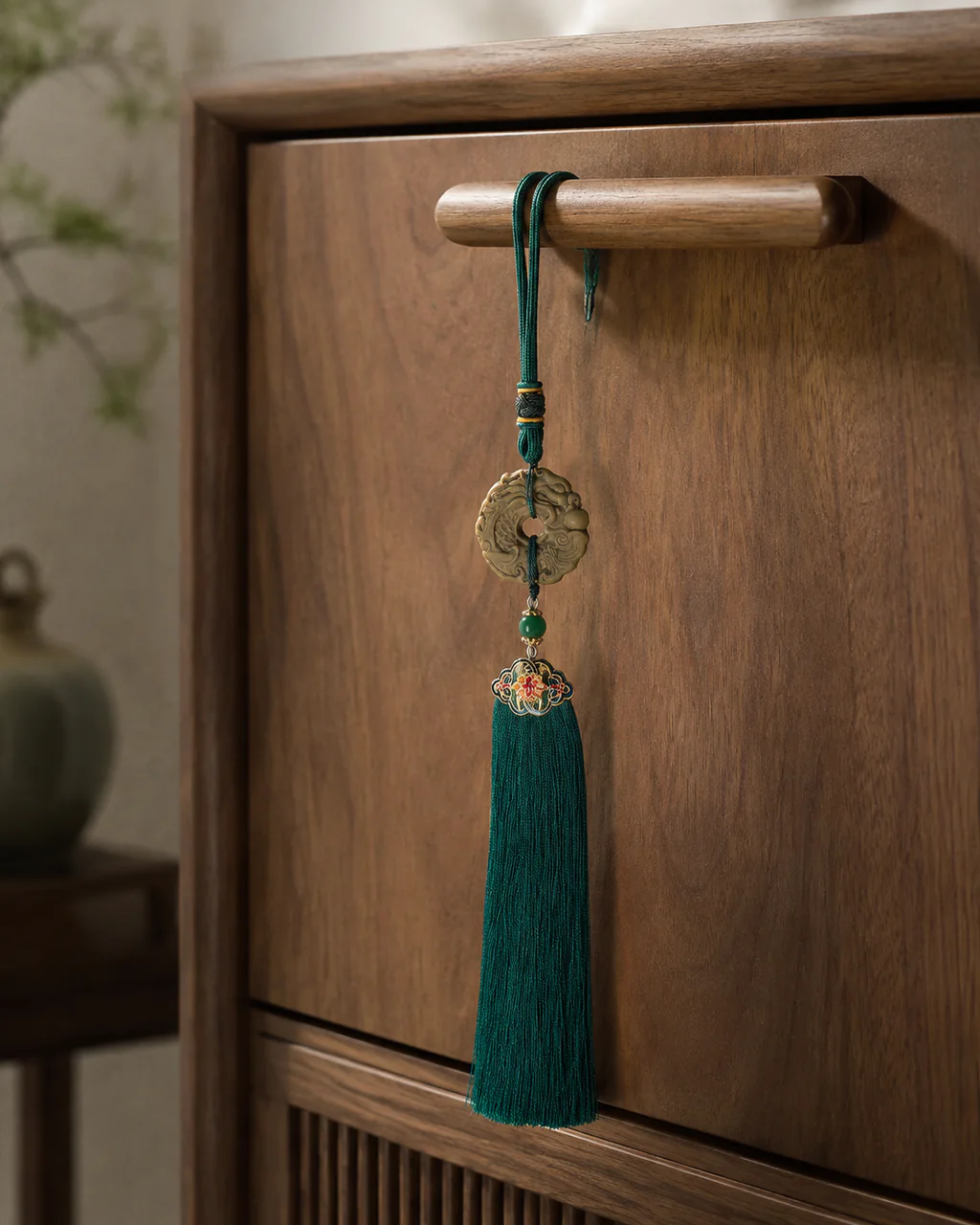 Green tassel hanging ornament on a wood cabinet