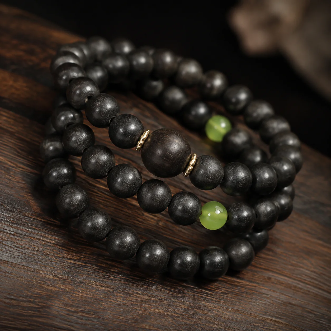 Dark incense bead multi-wrap bracelet wood bead detail