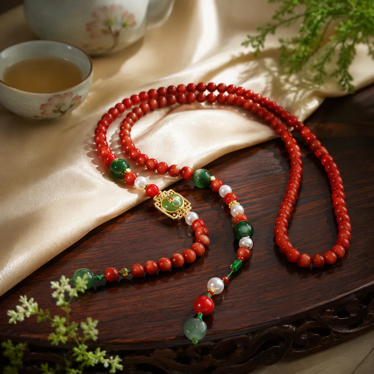 Red incense bead mala in a new Chinese setting