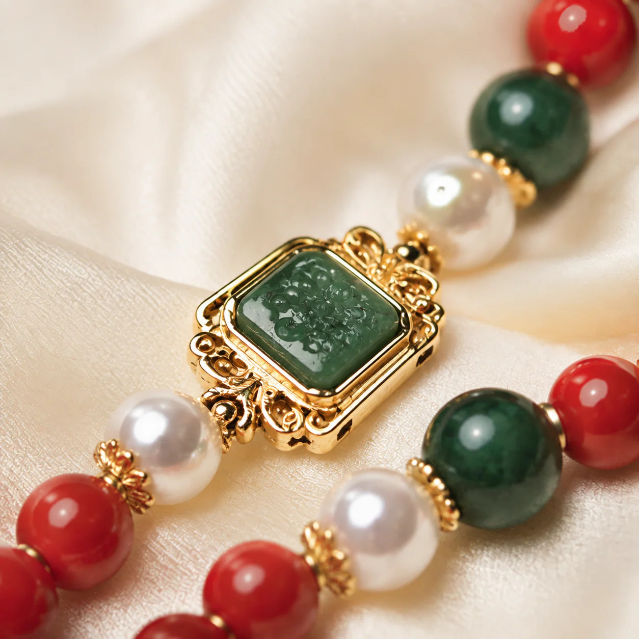 Red incense bead mala green pendant detail