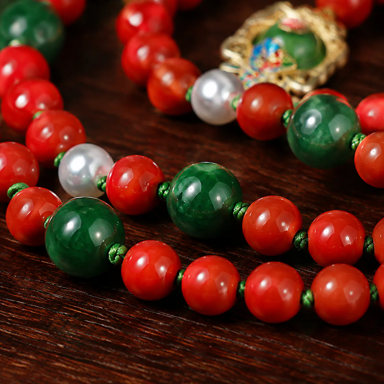 Red incense bead mala bead detail