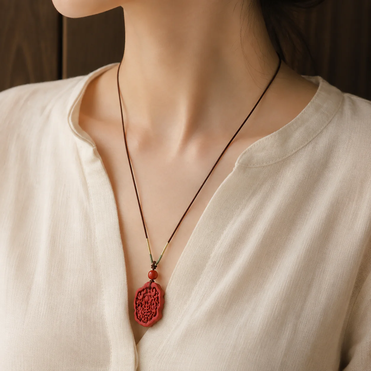 Red carved pendant necklace worn with linen