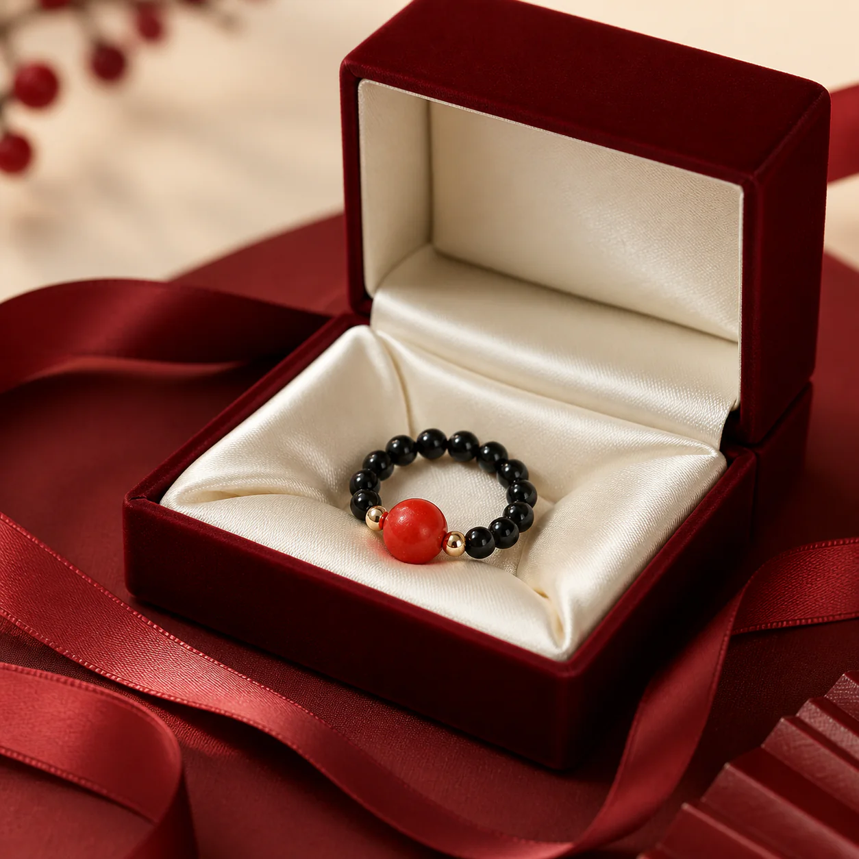 Red and black bead ring black bead detail
