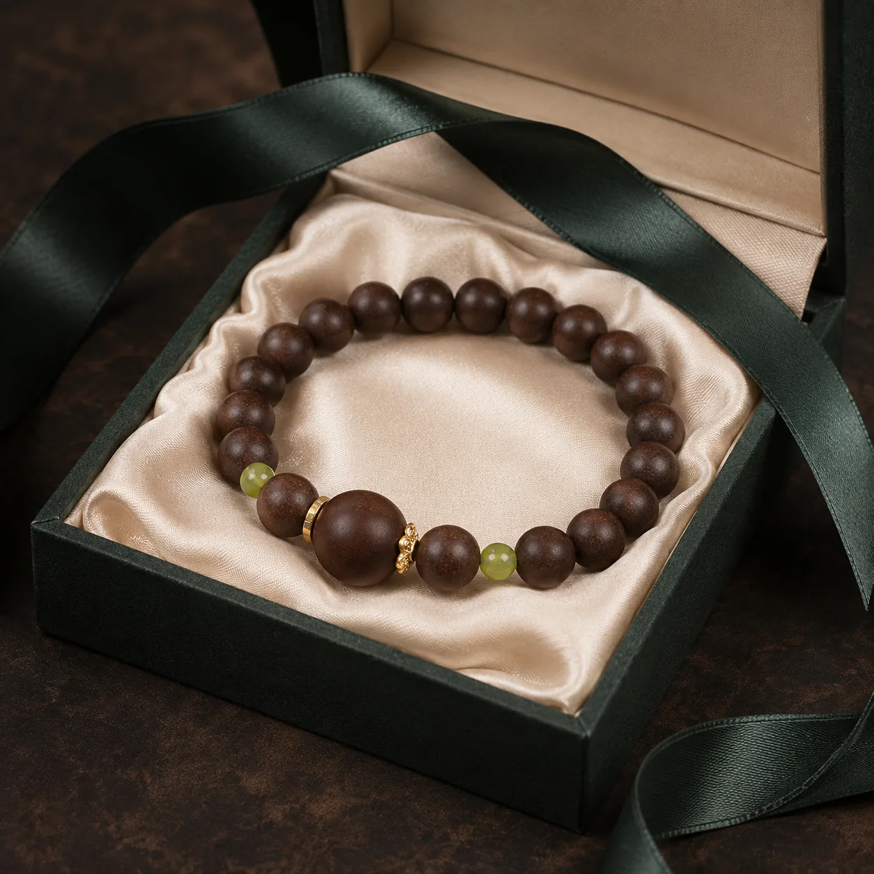 Dark wood bead bracelet gift presentation