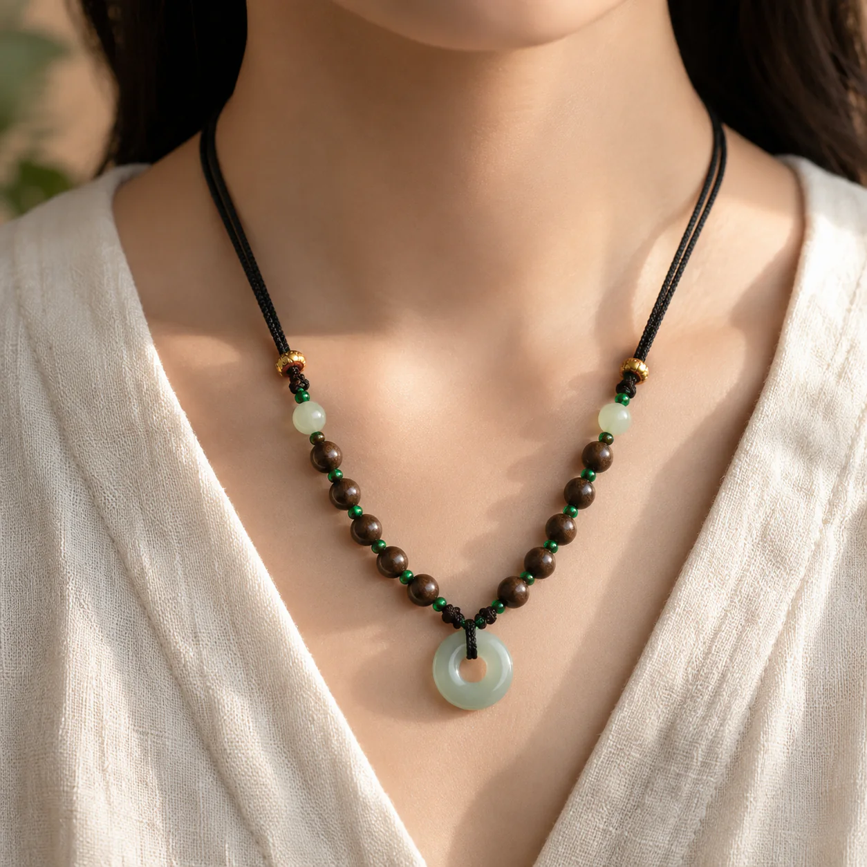 Dark wood bead necklace worn with linen