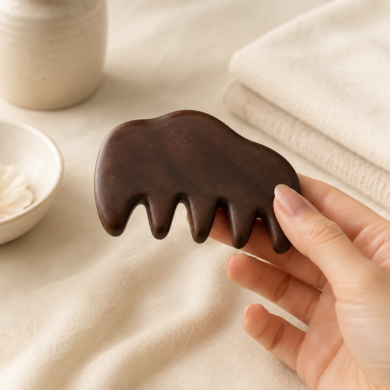 Dark wood comb held in a linen setting