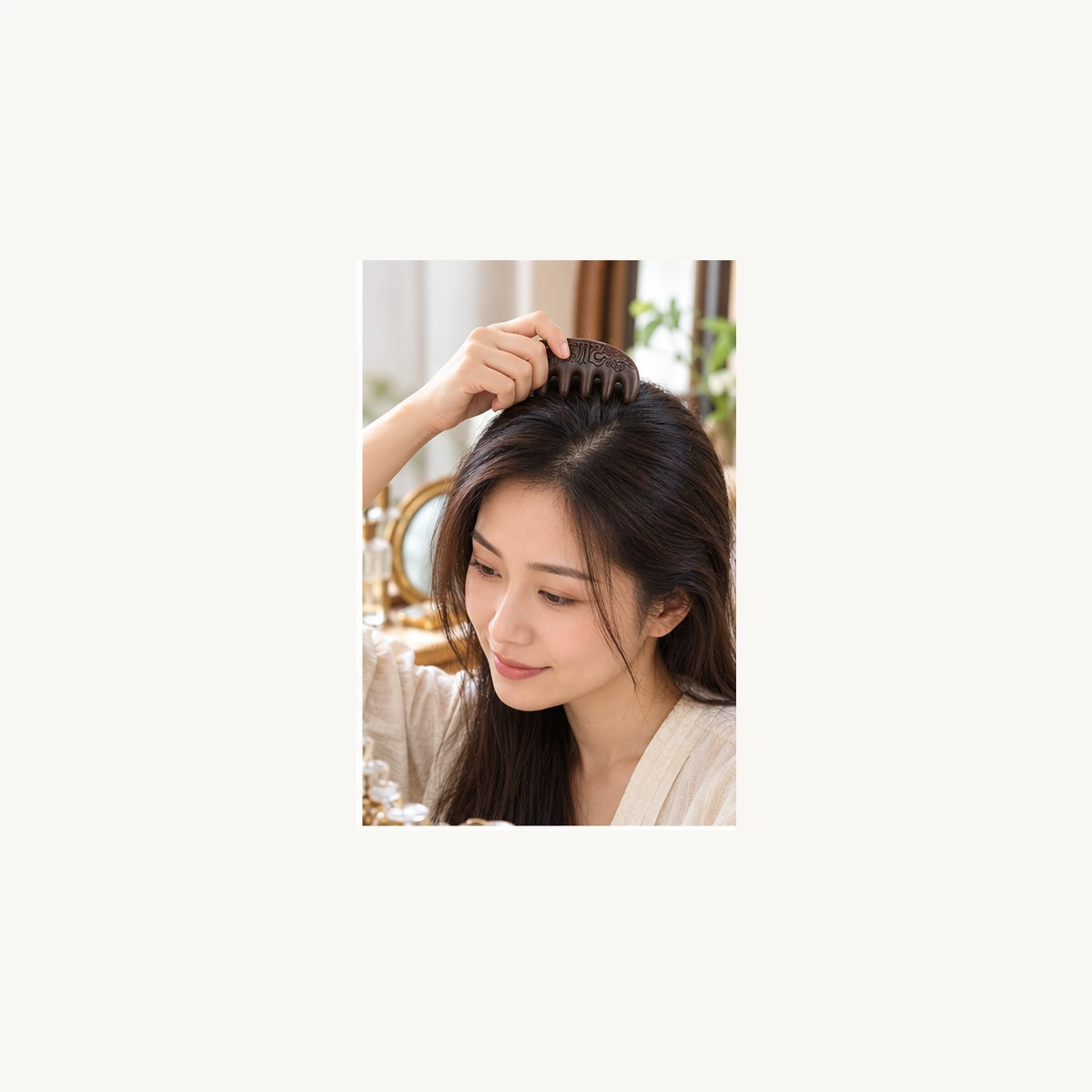 Woman gently combing the crown of her hair with a Hexiang comb