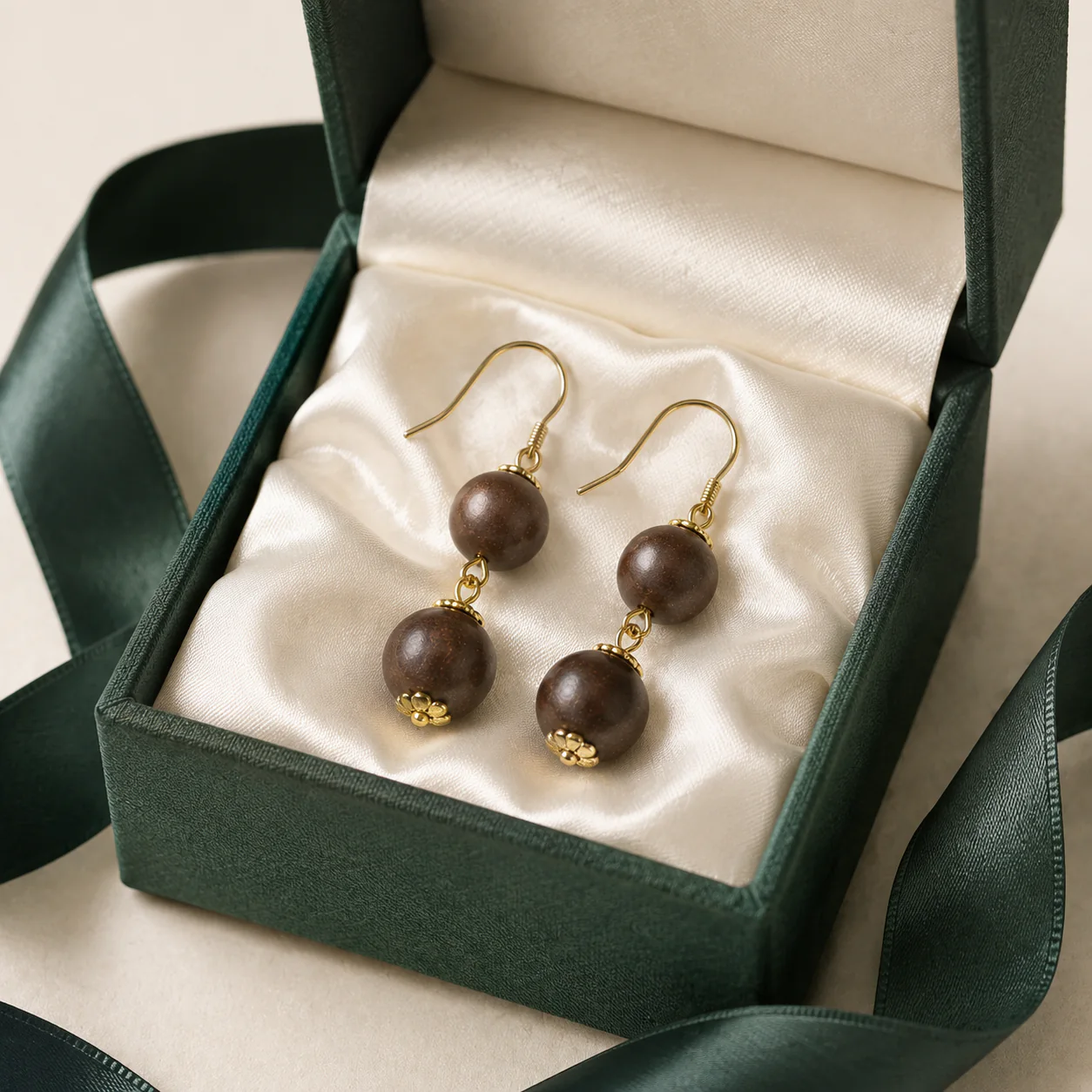 Brown wood bead drop earrings gift presentation