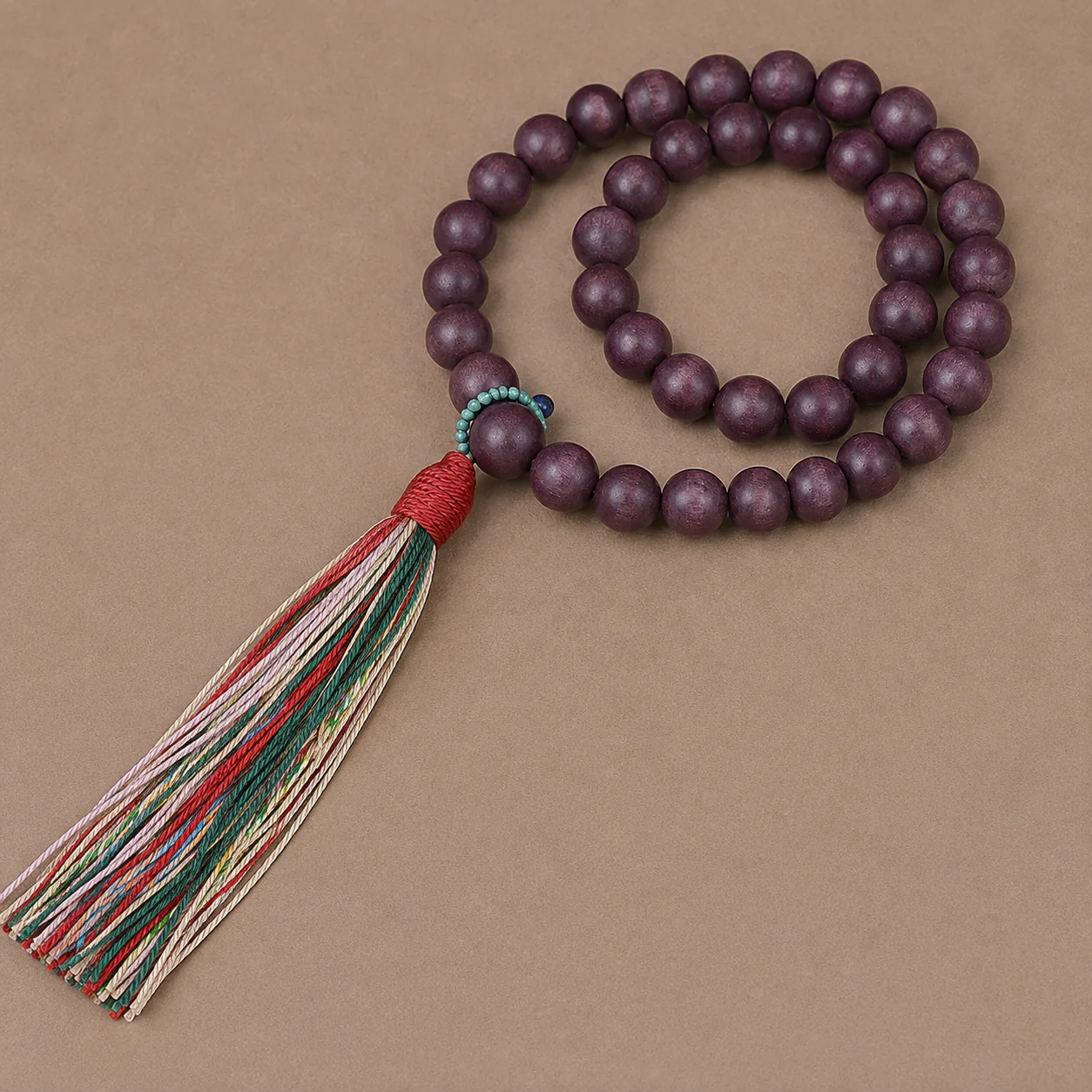 Plum wood bead double-loop strand full silhouette detail