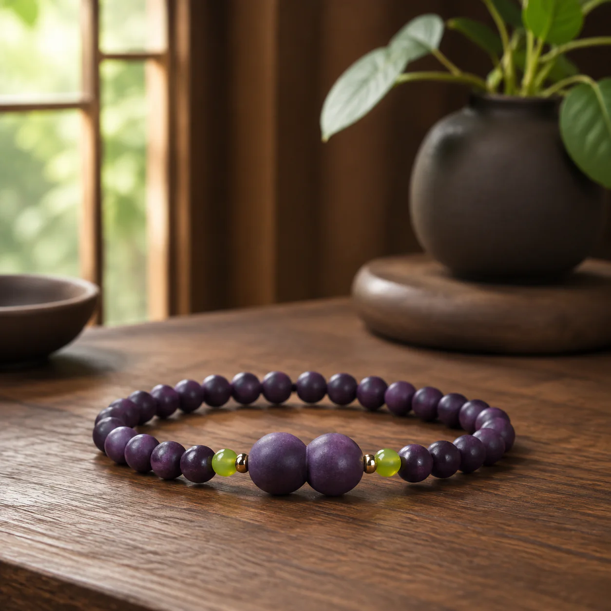 Plum wood bead bracelet with green stone accents in a refined setting