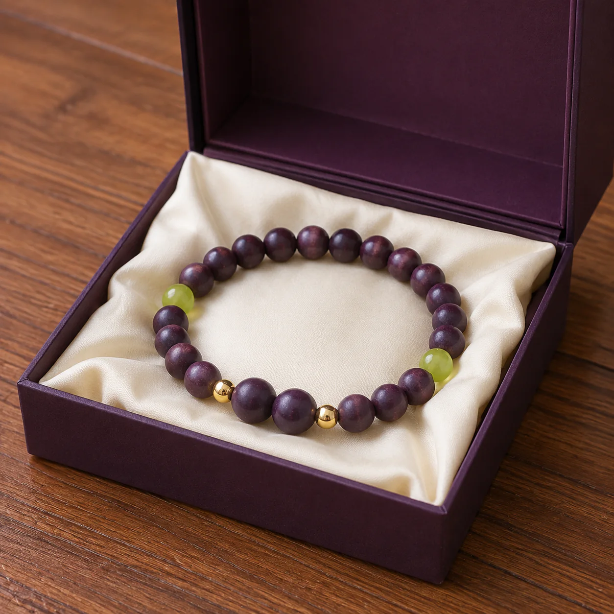 Plum wood bead bracelet gift presentation