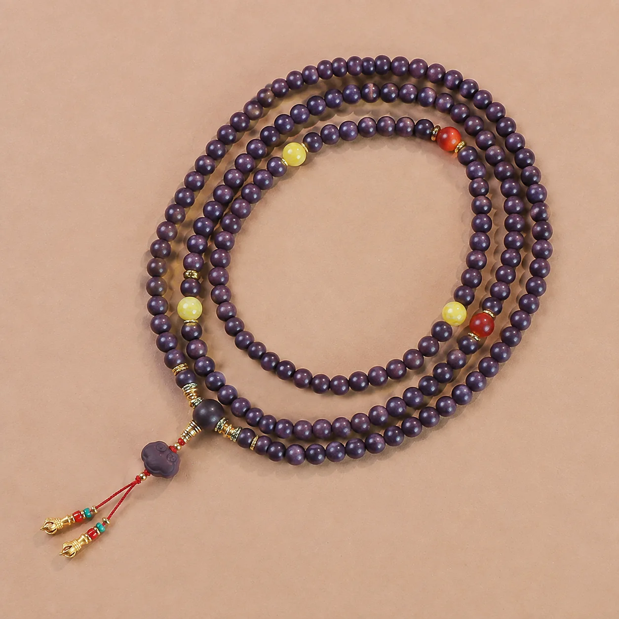 Plum wood bead prayer strand full silhouette detail