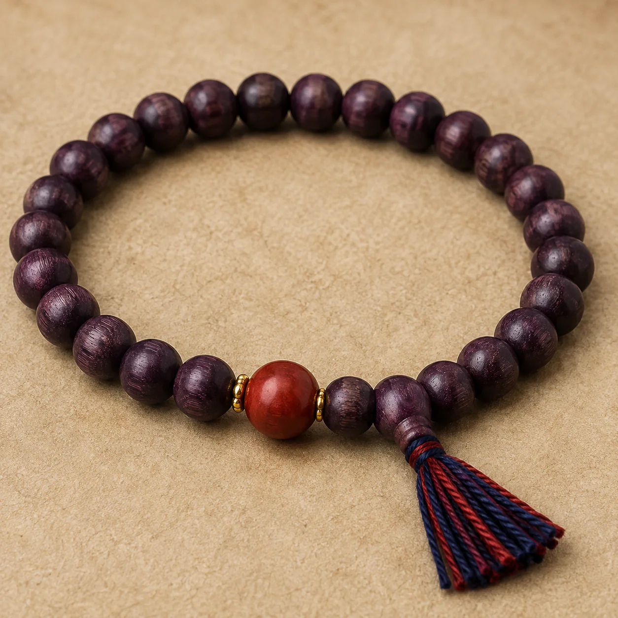 Plum wood bead bracelet bead grain detail