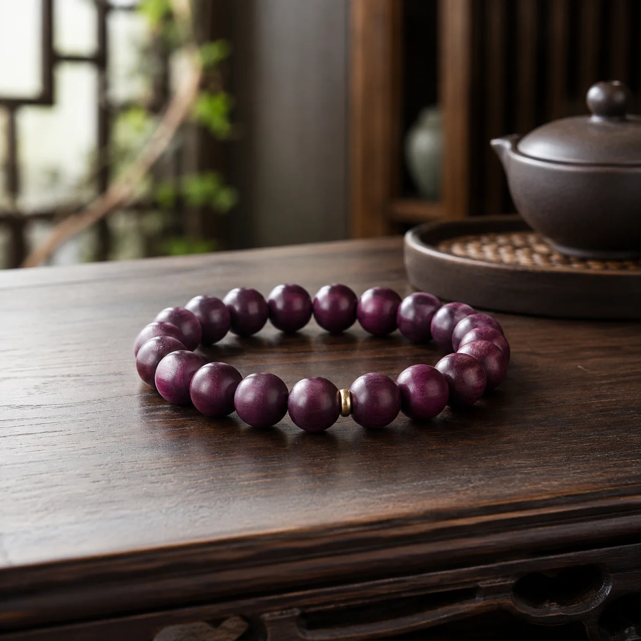 Plum wood bead bracelet in a refined setting