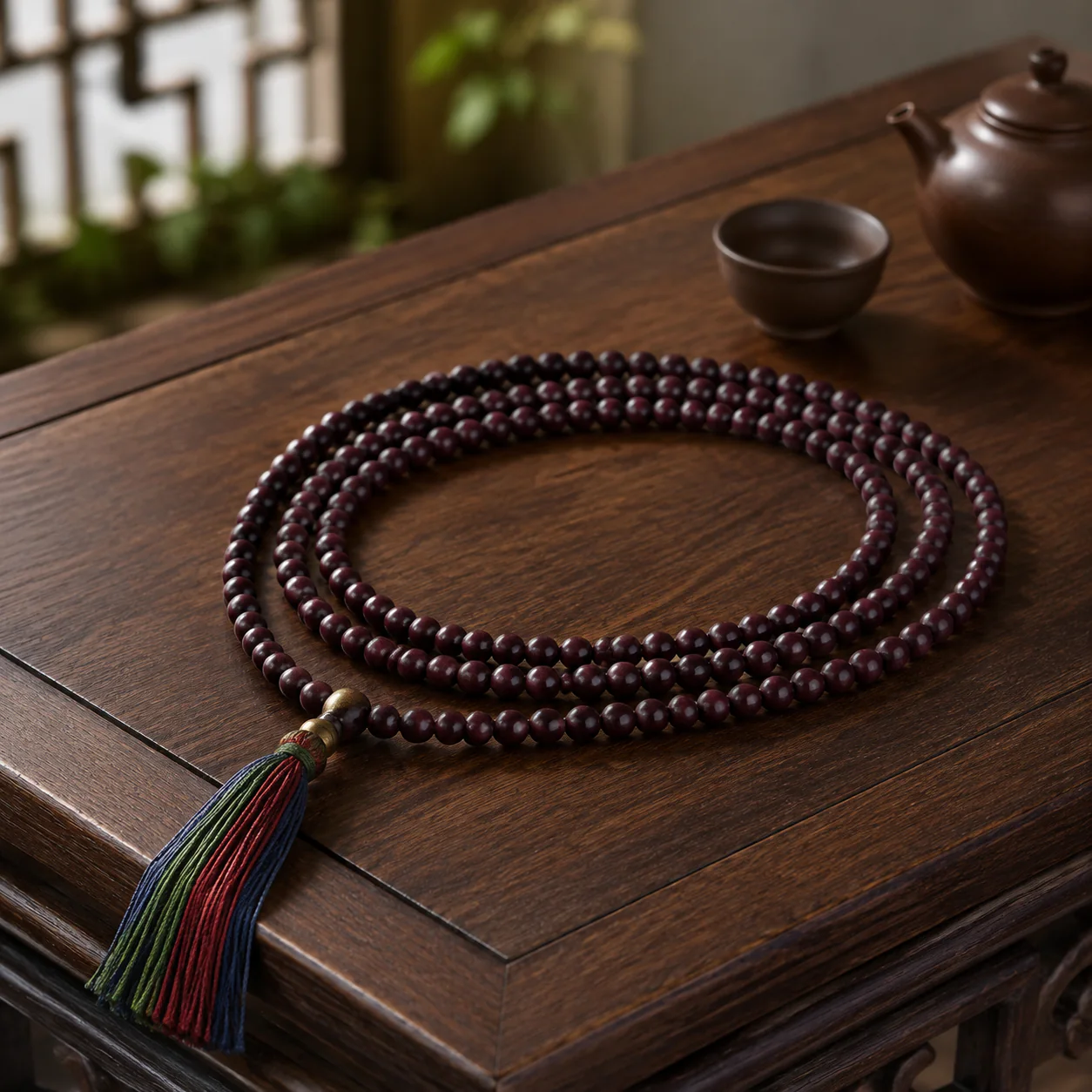 Plum wood bead mala in a refined setting
