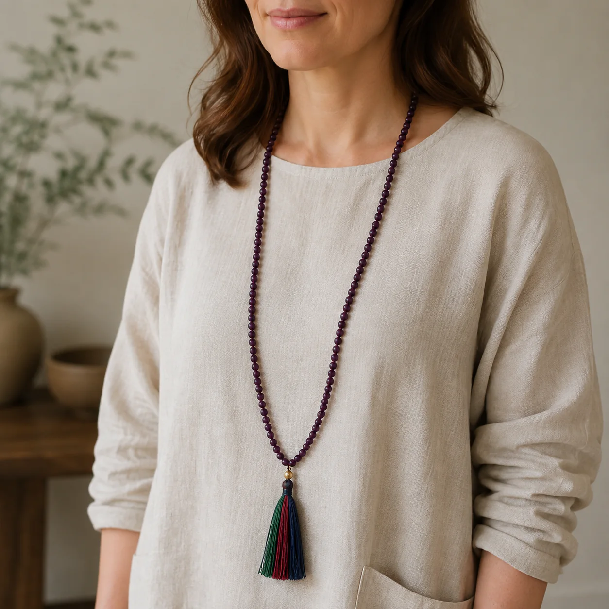 Plum wood bead mala worn with linen