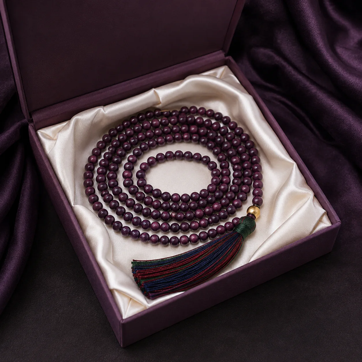 Plum wood bead mala gift presentation