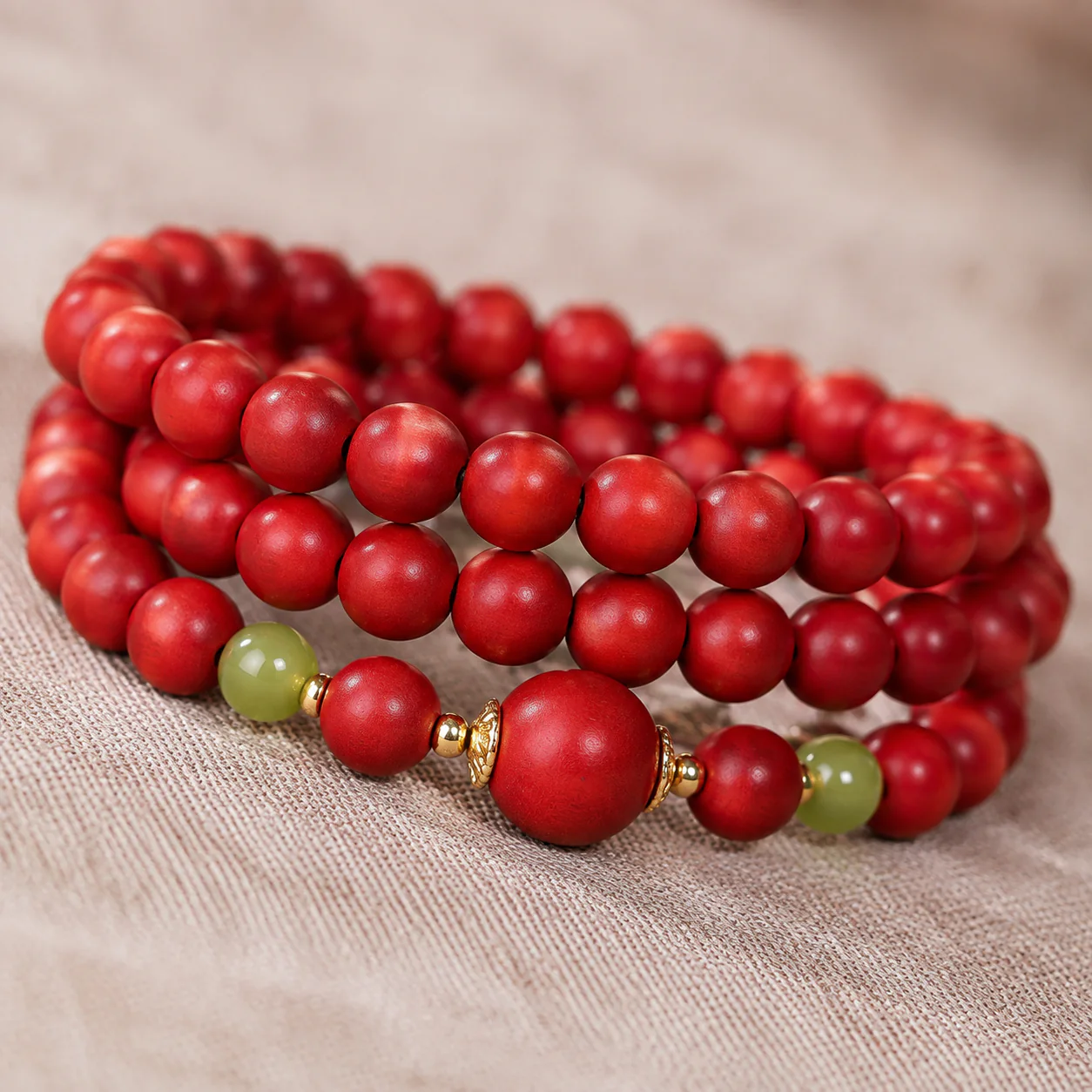 Red wood bead bracelet material detail