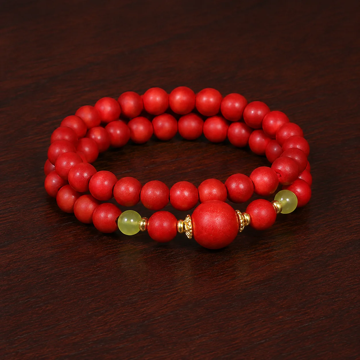 Red wood bead bracelet full strand detail