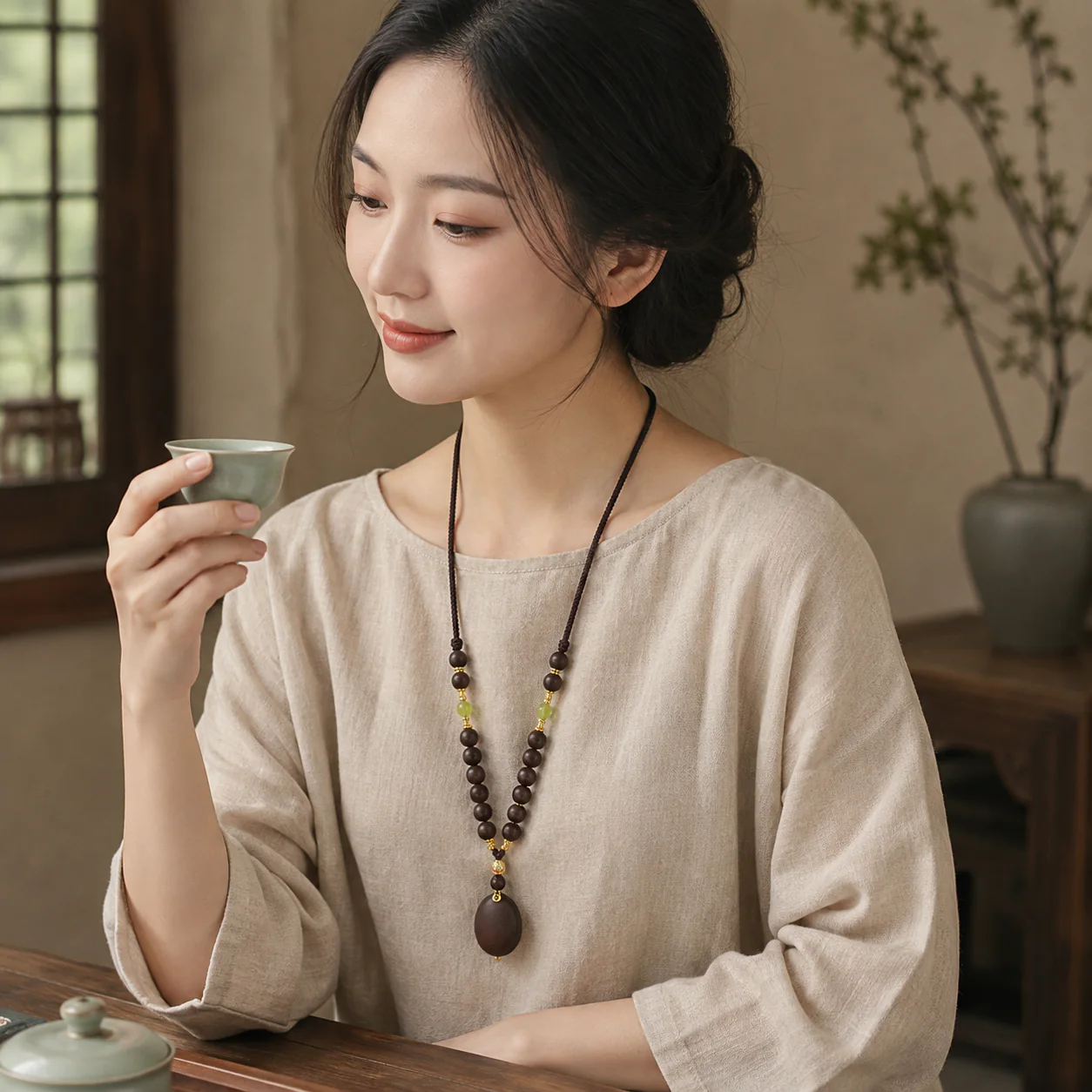 Dark wood bead pendant necklace worn with linen