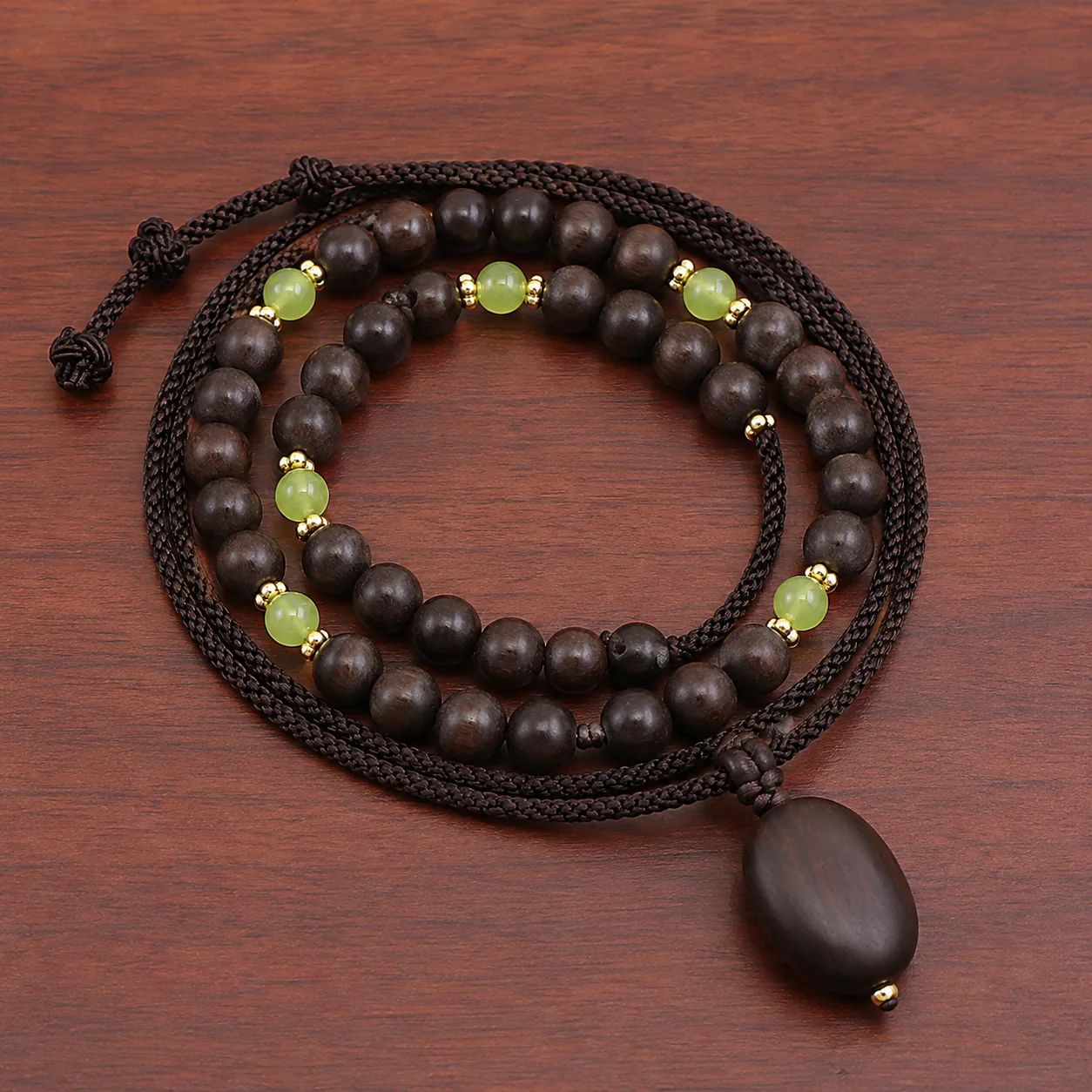 Dark wood bead pendant necklace full strand detail