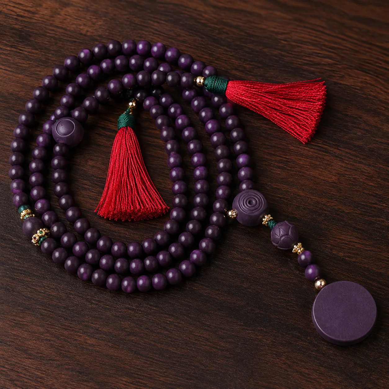 Purple wood bead mala full strand detail