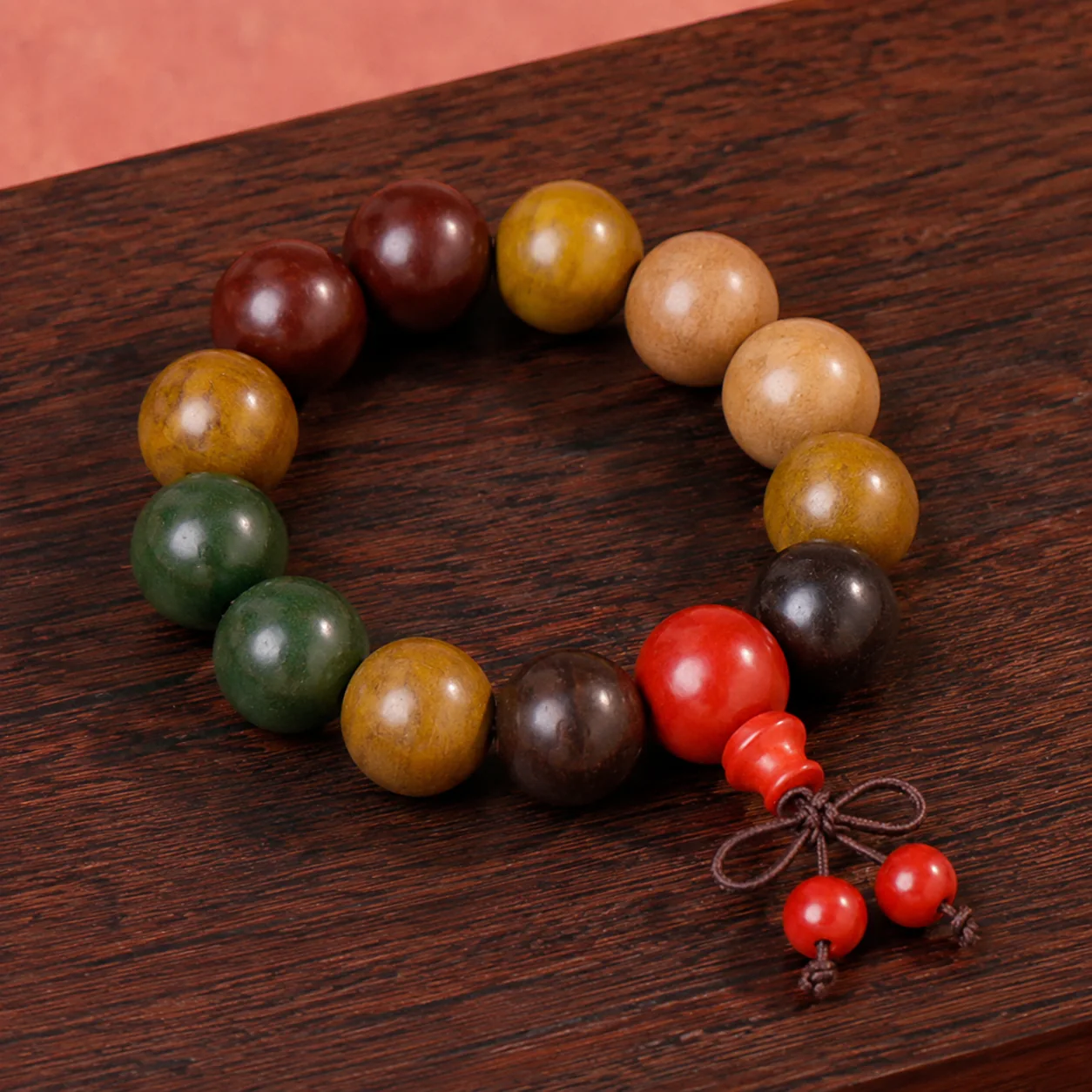 Five-color wood bead bracelet full strand detail