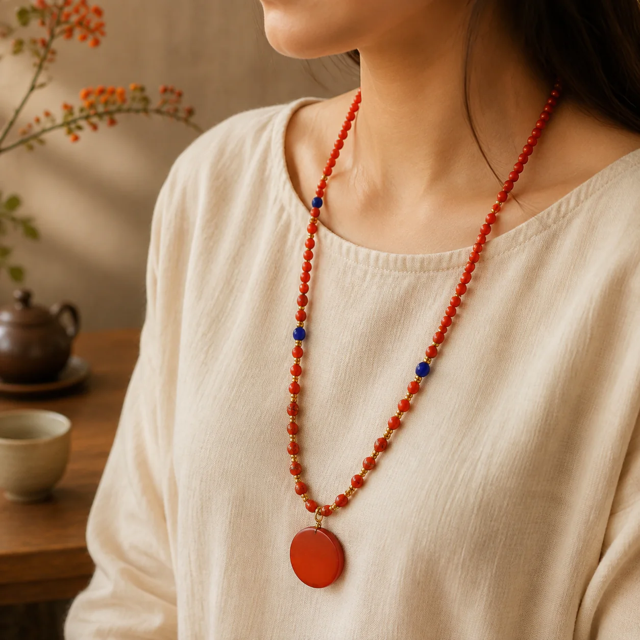 Red wood bead pendant necklace worn with linen