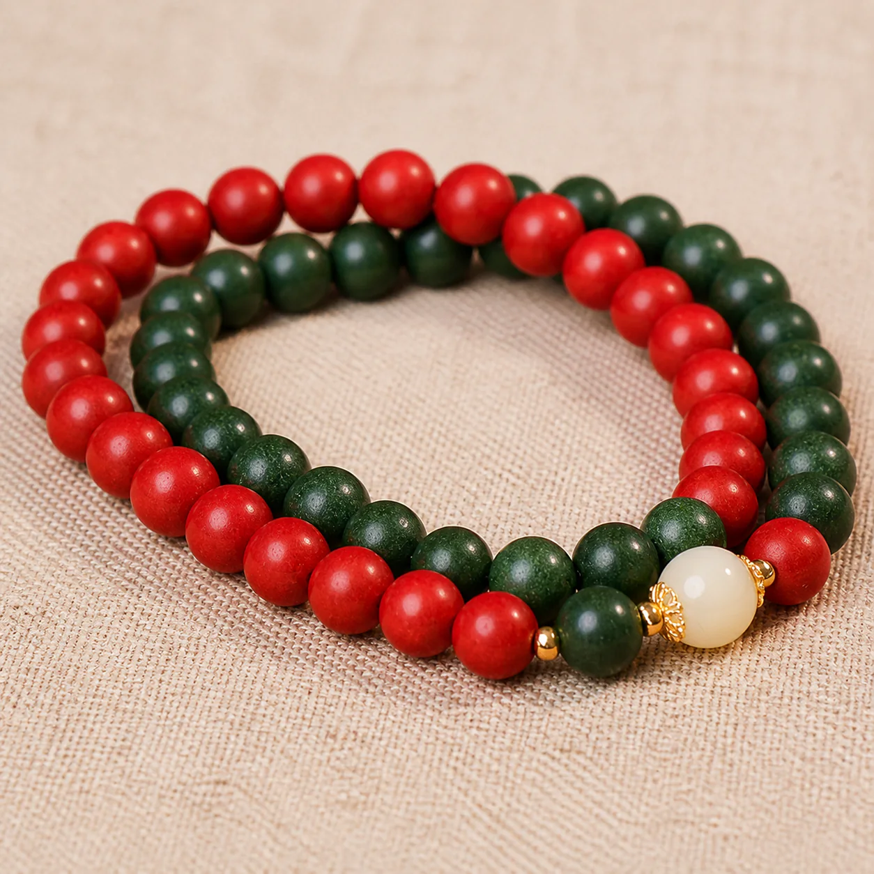 Red and green wood bead bracelet material detail