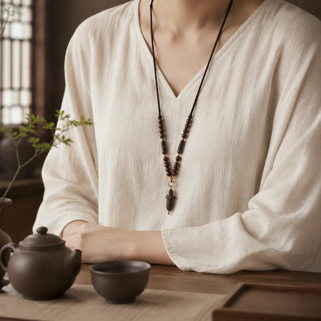 Dark wood bead pendant necklace worn with linen