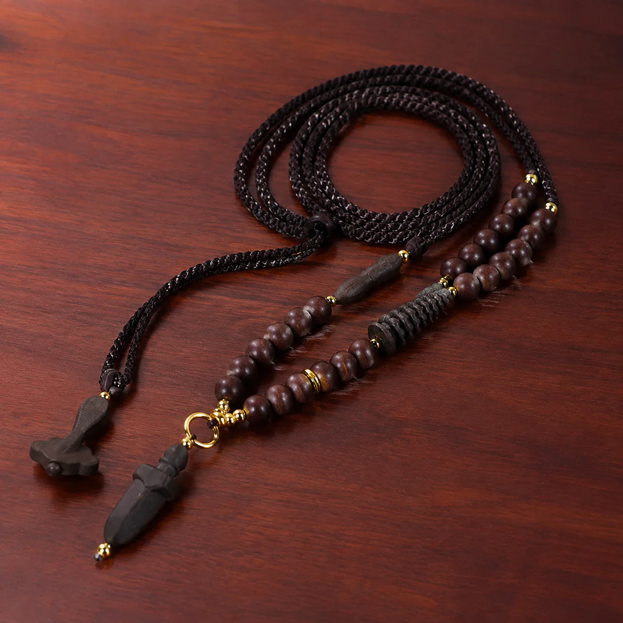 Dark wood bead pendant necklace full strand detail