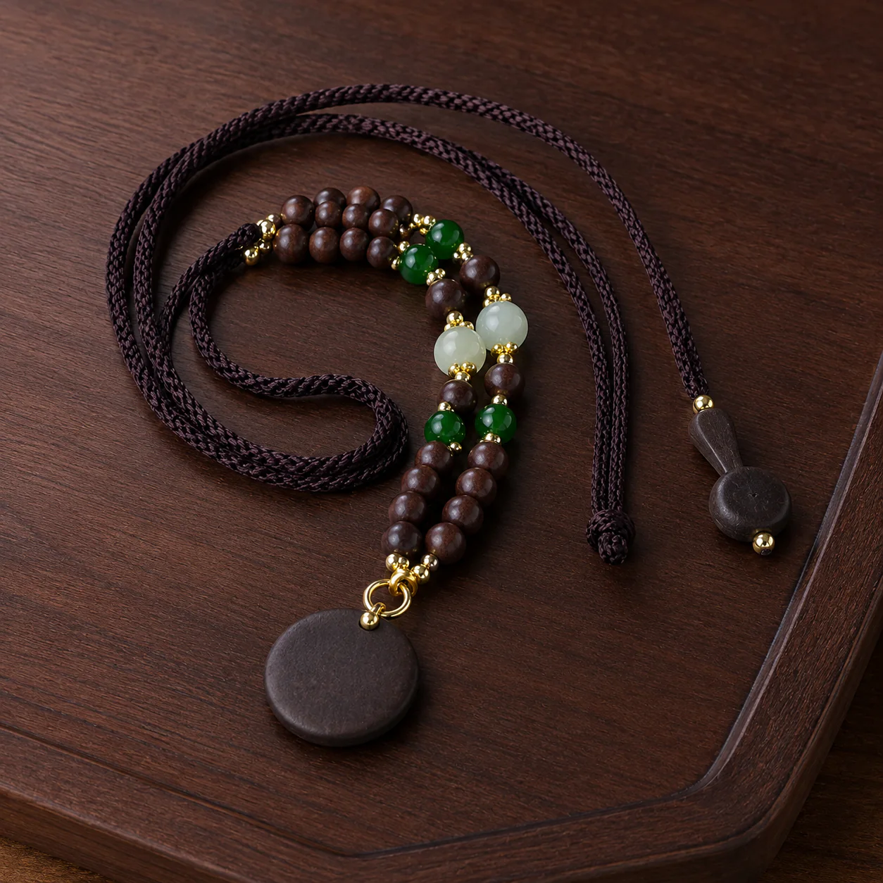 Dark wood bead necklace with green accents full strand detail