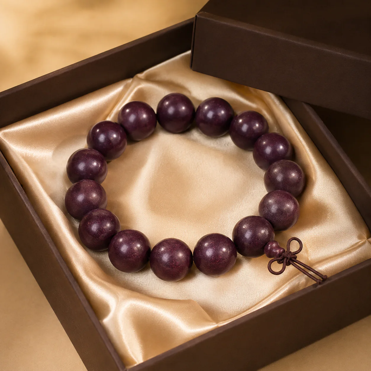 Purple wood bead bracelet gift presentation