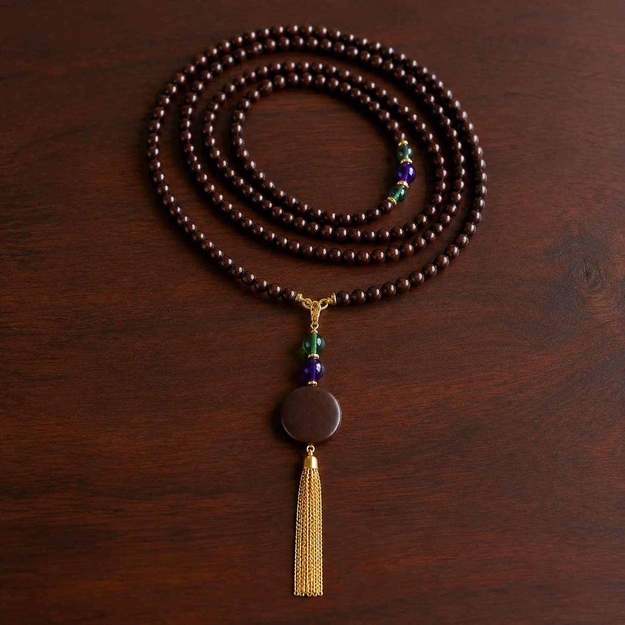 Long dark wood bead necklace full strand detail