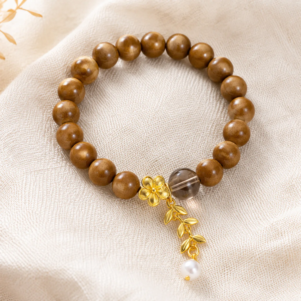 Honey brown wood bead bracelet charm detail