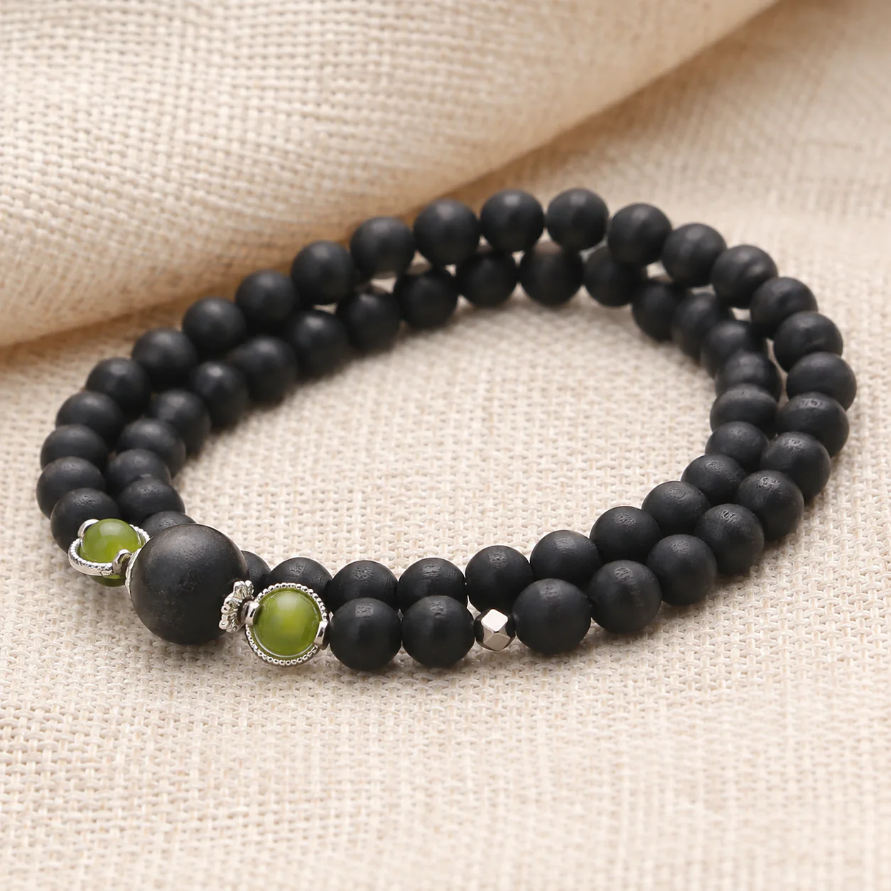 Dark wood double-wrap bead bracelet material detail
