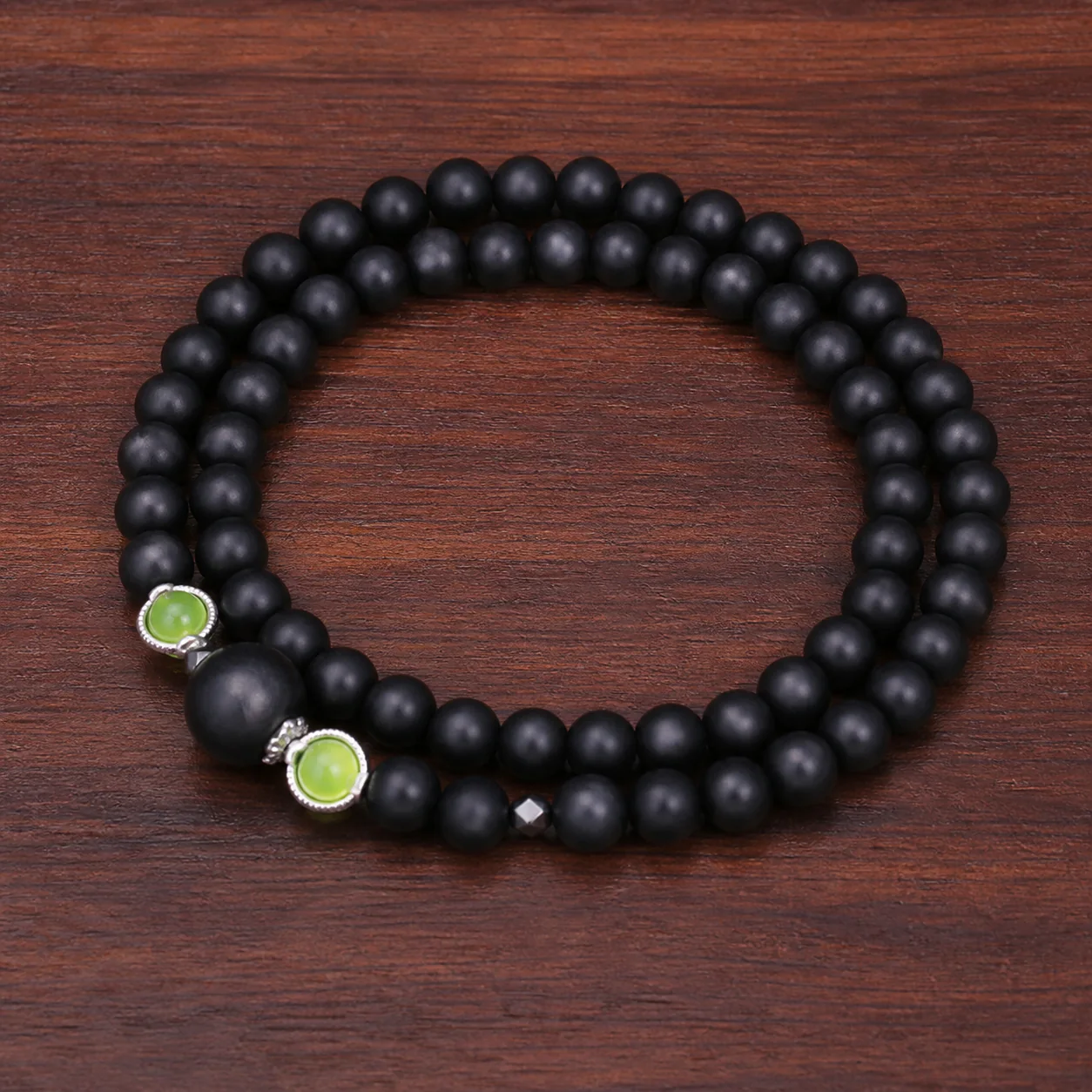 Dark wood double-wrap bead bracelet full strand detail
